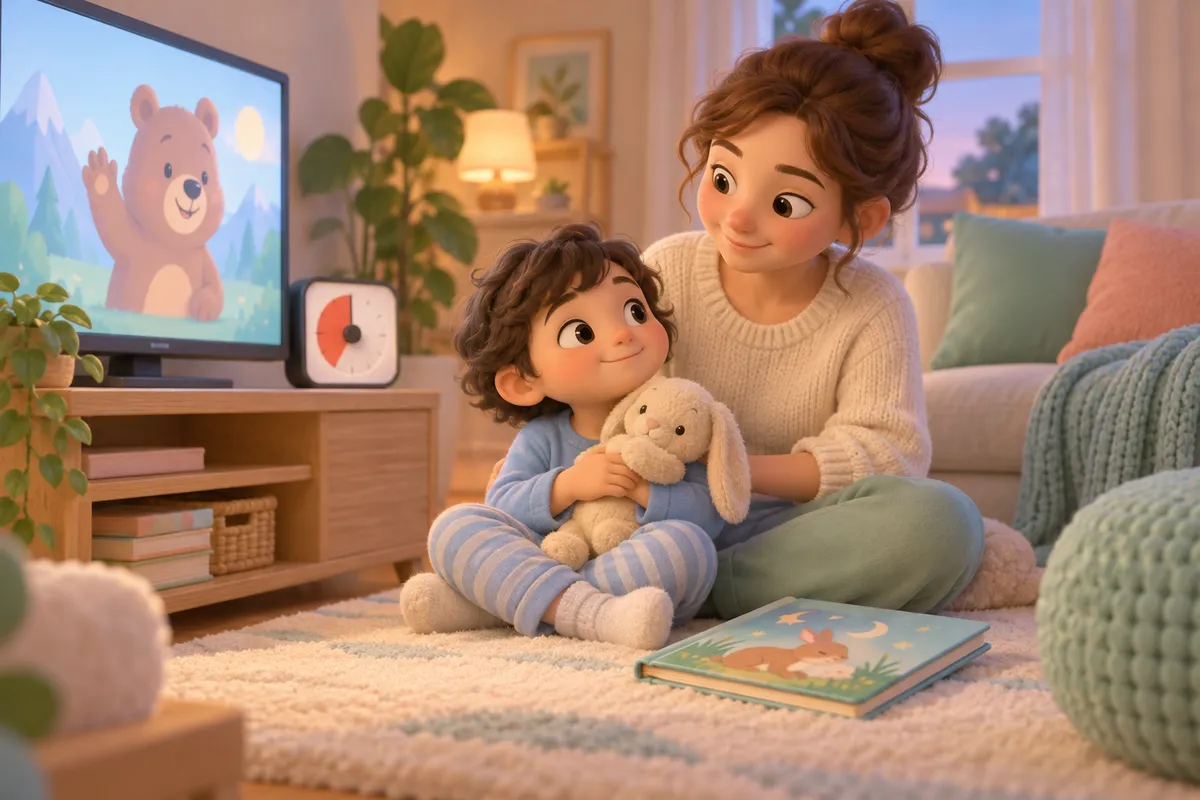 Une mère et son enfant assis sur un tapis regardent un dessin animé, avec une peluche dans les bras