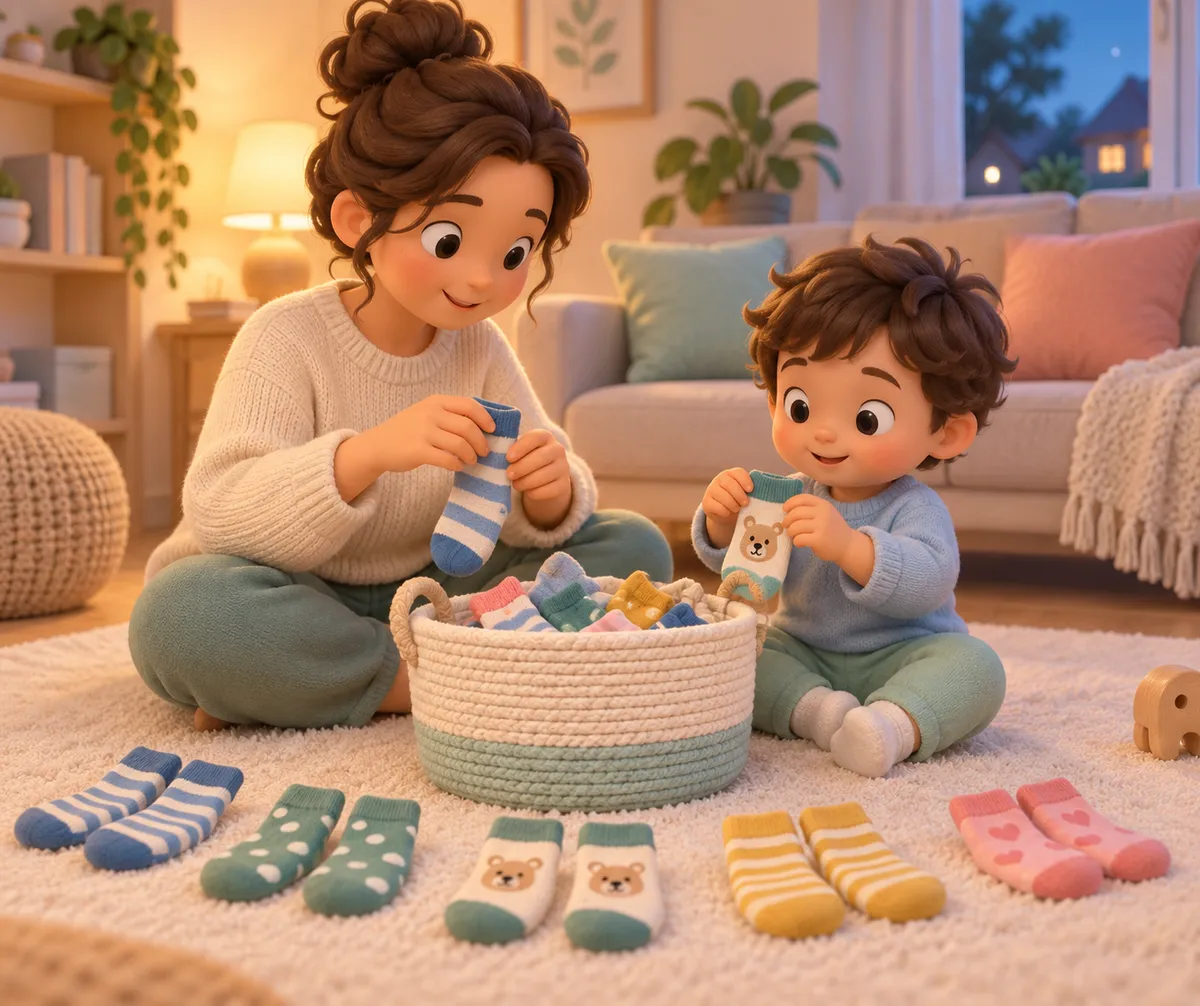 Un adulte et un enfant trient des chaussettes colorées autour d’un panier dans le salon