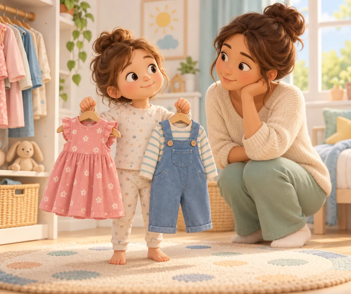 Une fillette présente une robe rose et une salopette bleue à sa mère dans une chambre