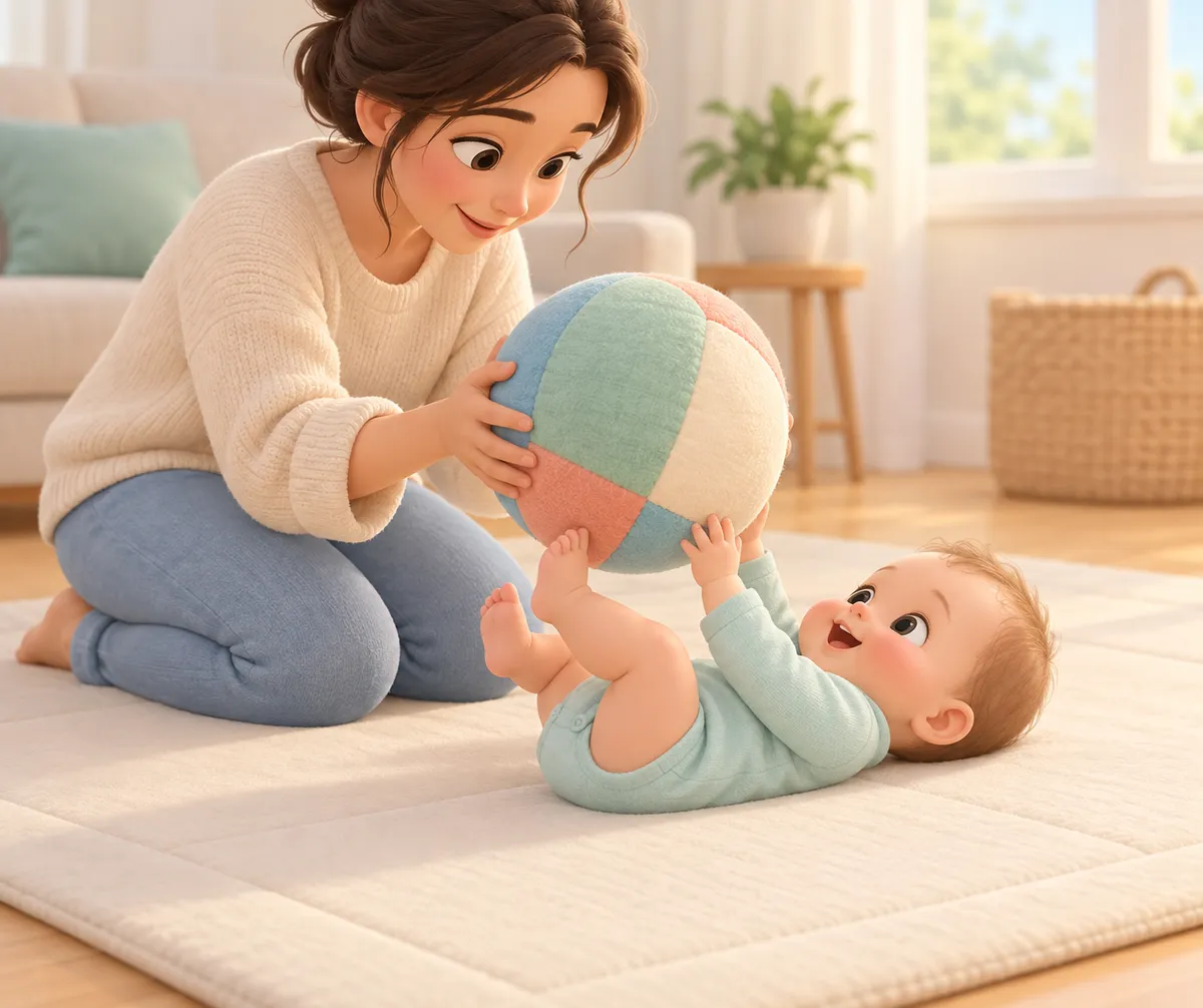 Une mère présente une balle en tissu colorée à un bébé allongé sur un tapis, qui la pousse avec les pieds