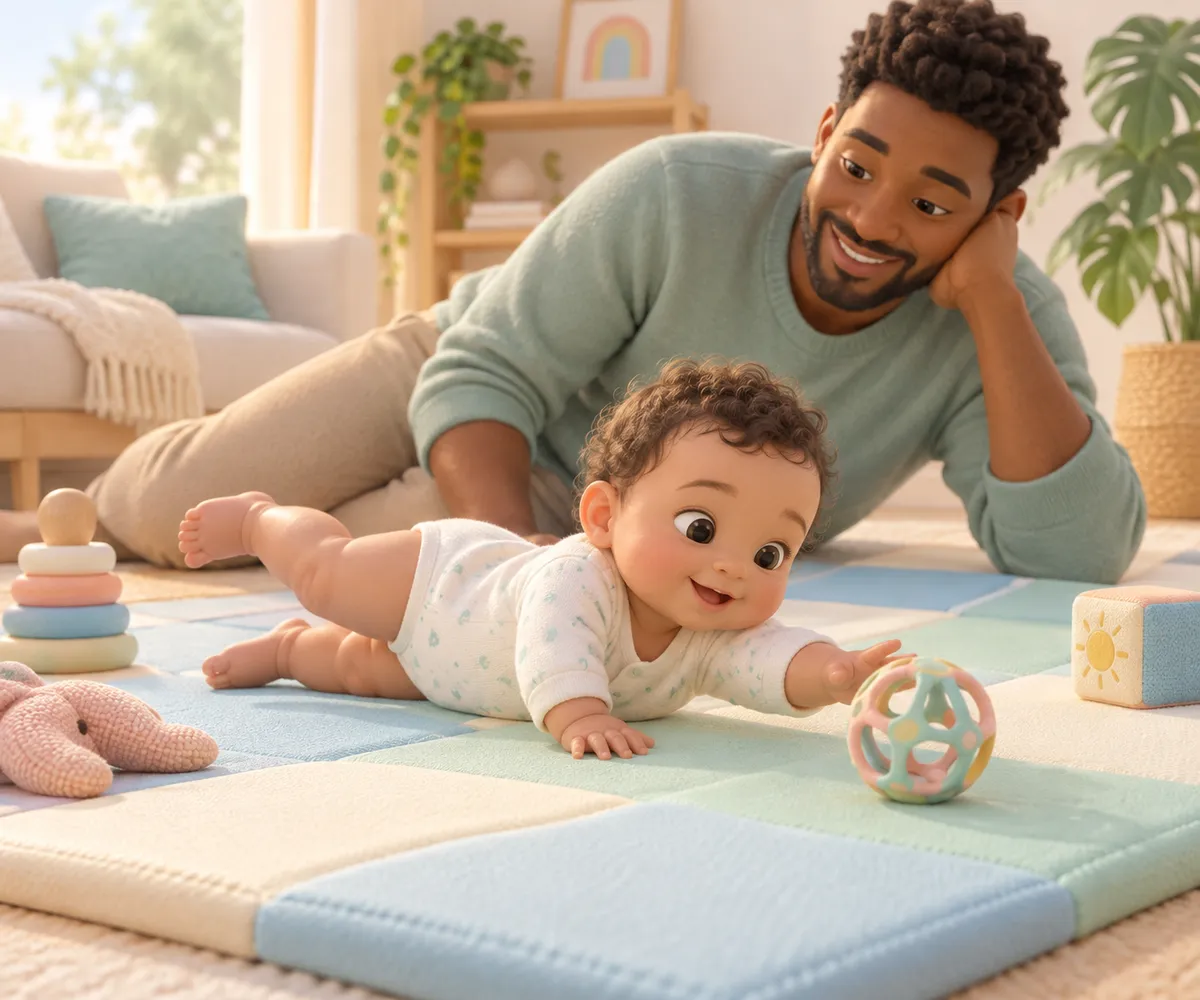 Un bébé joue sur le ventre sur un tapis d’éveil tandis que son père l’observe avec un jouet devant lui