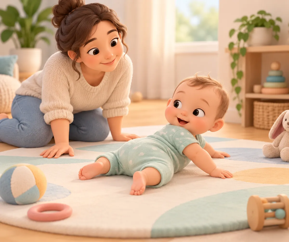 Une femme observe un bébé allongé sur un tapis d’éveil, entouré de jouets dans une pièce lumineuse