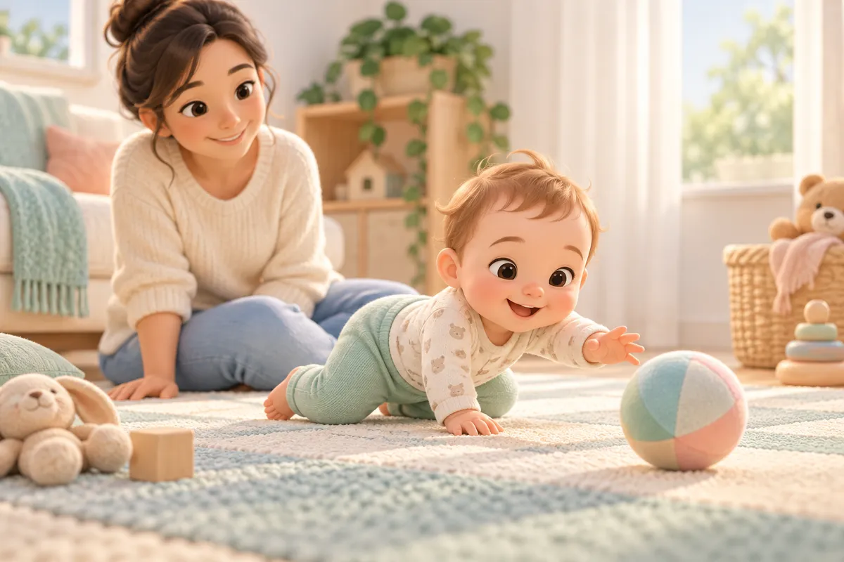 Un bébé rampe sur un tapis vers une balle, sous le regard d’une femme, parmi des jouets dans le salon