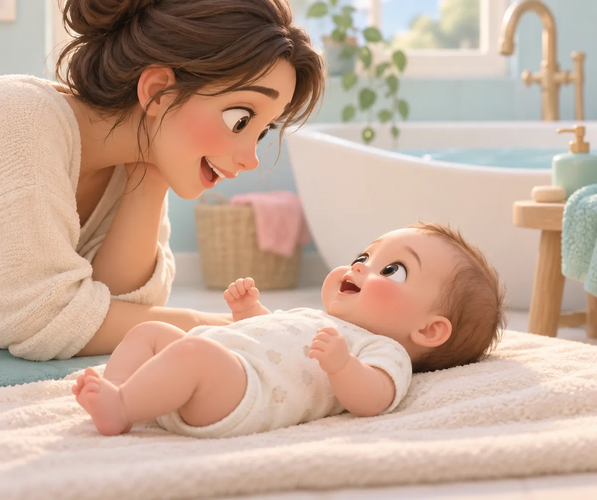 Une mère se penche vers son bébé allongé sur une couverture, qui la regarde en souriant dans la salle de bain