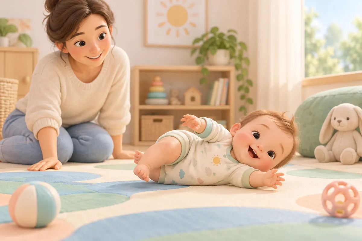Un bébé roule sur un tapis d’éveil tandis qu’une femme l’observe, entouré de jouets