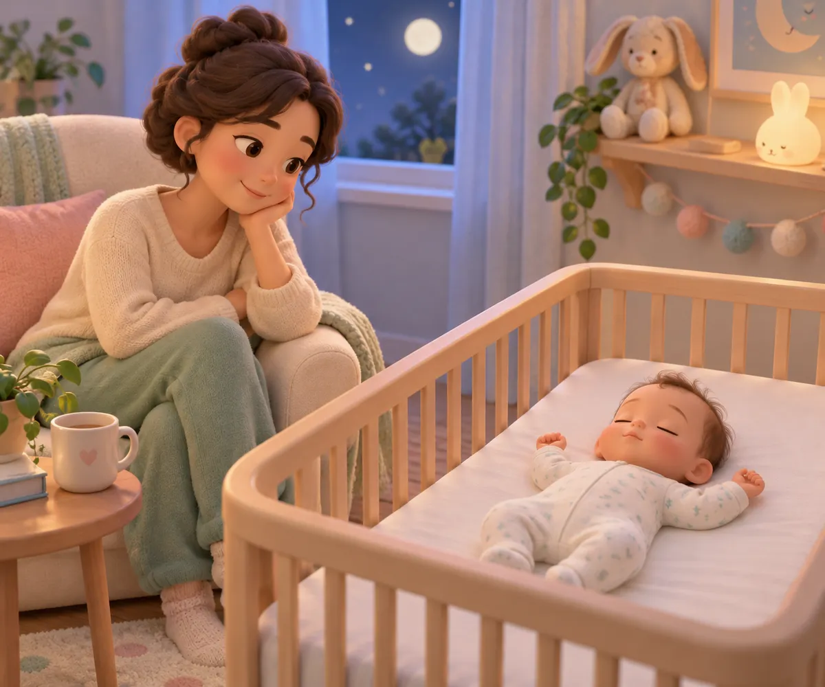 Une mère veille près de son bébé endormi dans un berceau, dans une chambre éclairée par la lune