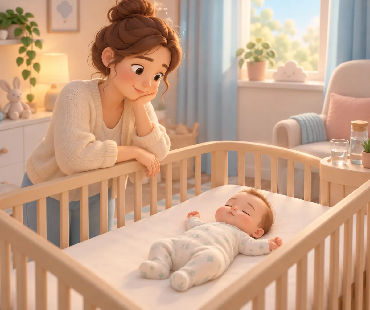 Une mère observe son bébé endormi dans un berceau, dans une chambre lumineuse