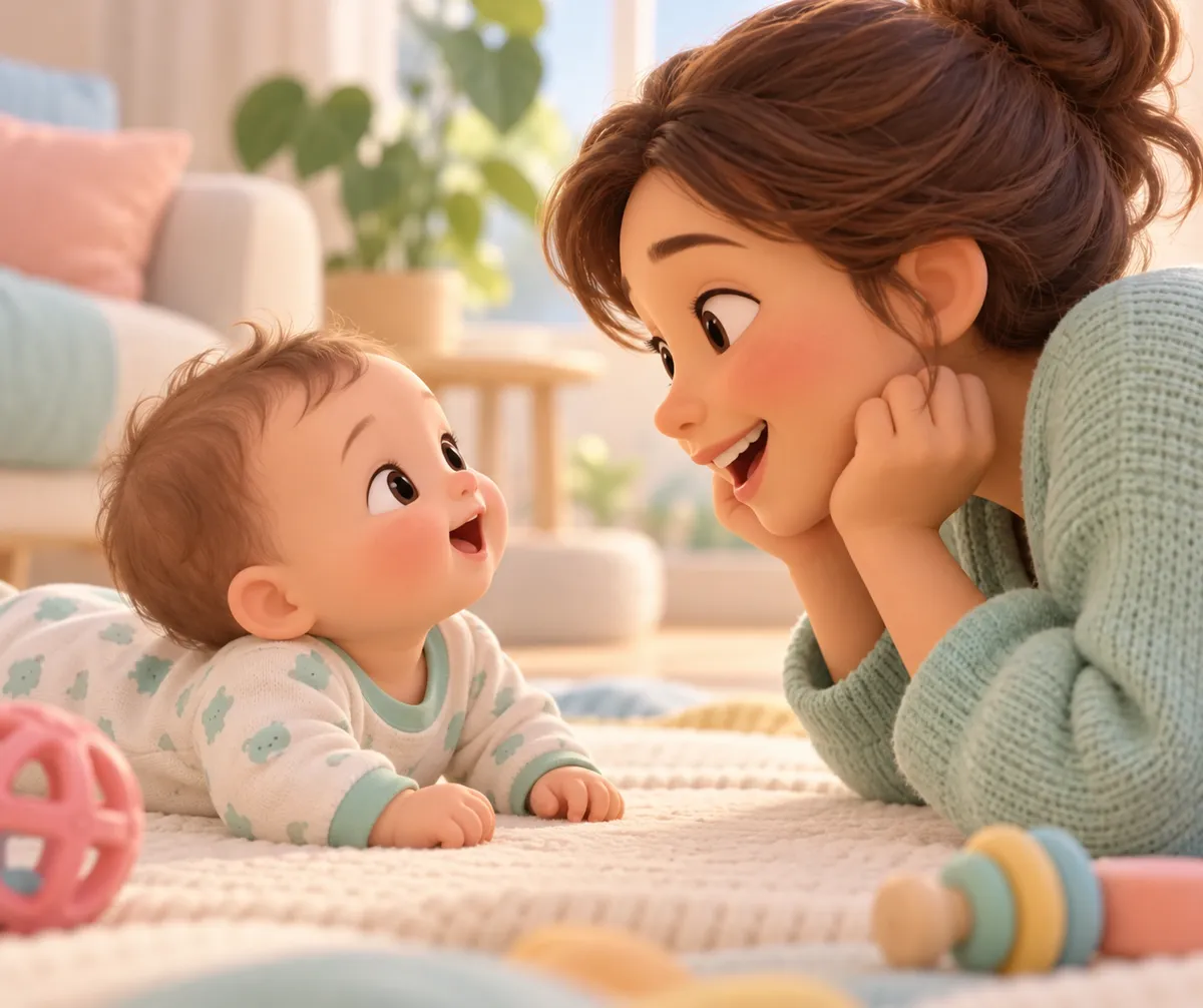 Une femme sourit à un bébé allongé sur un tapis, face à elle et entouré de jouets