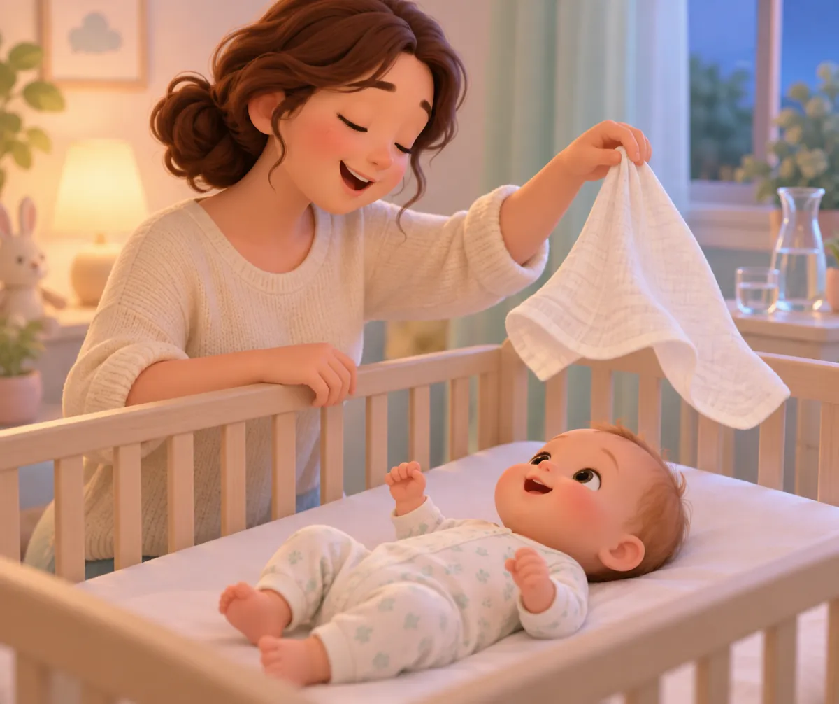 Maman berçant un bébé dans son berceau avec un lange blanc dans une chambre douce
