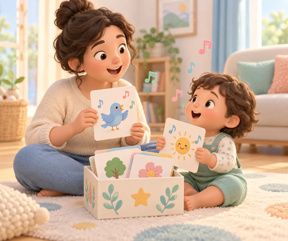 Une adulte et un jeune enfant chantent avec des cartes illustrées, assis près d’une boîte dans le salon