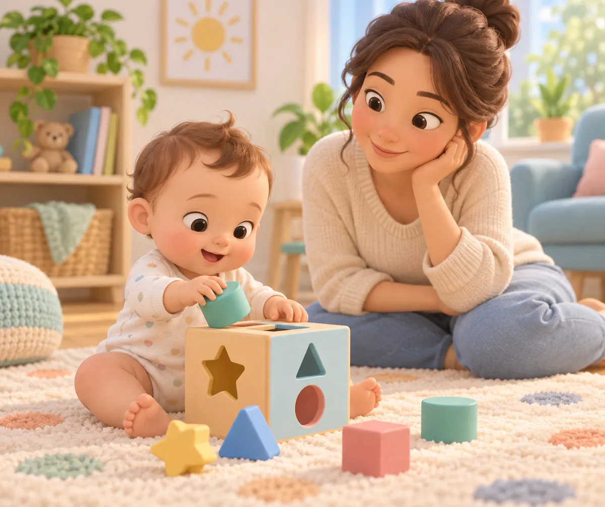 Un bébé manipule une boîte à formes sous le regard d’un parent, entouré de pièces colorées dans le salon