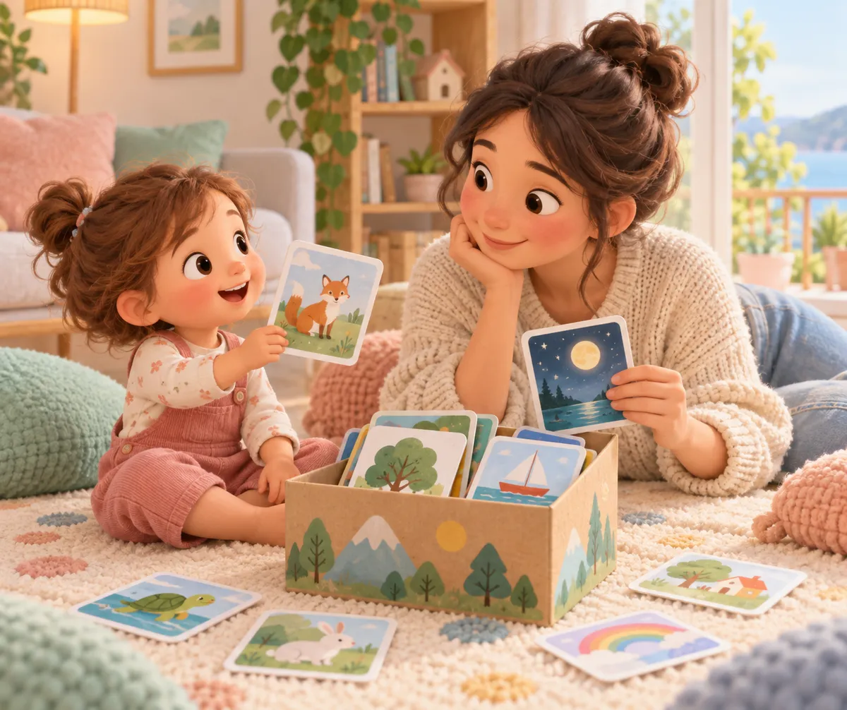 Une femme et une petite fille regardent des cartes illustrées autour d’une boîte, assises sur un tapis
