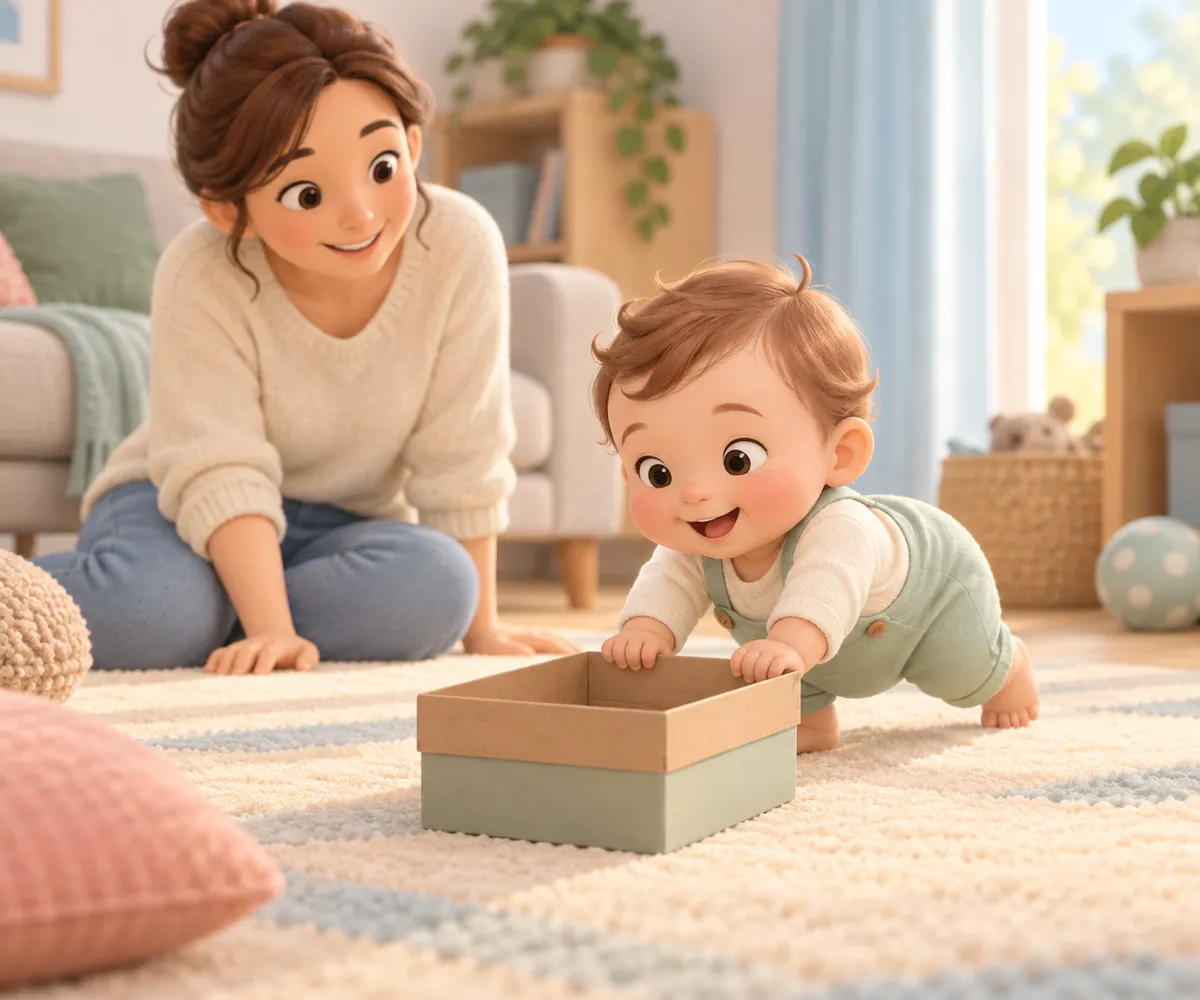 Un bébé à quatre pattes pousse une boîte à chaussures vide sur un tapis sous le regard de sa mère