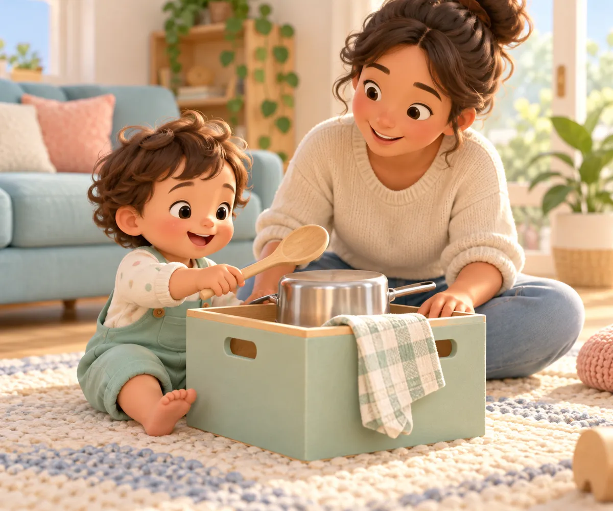 Un jeune enfant agite une cuillère près d’une casserole, tandis qu’une femme l’observe dans le salon