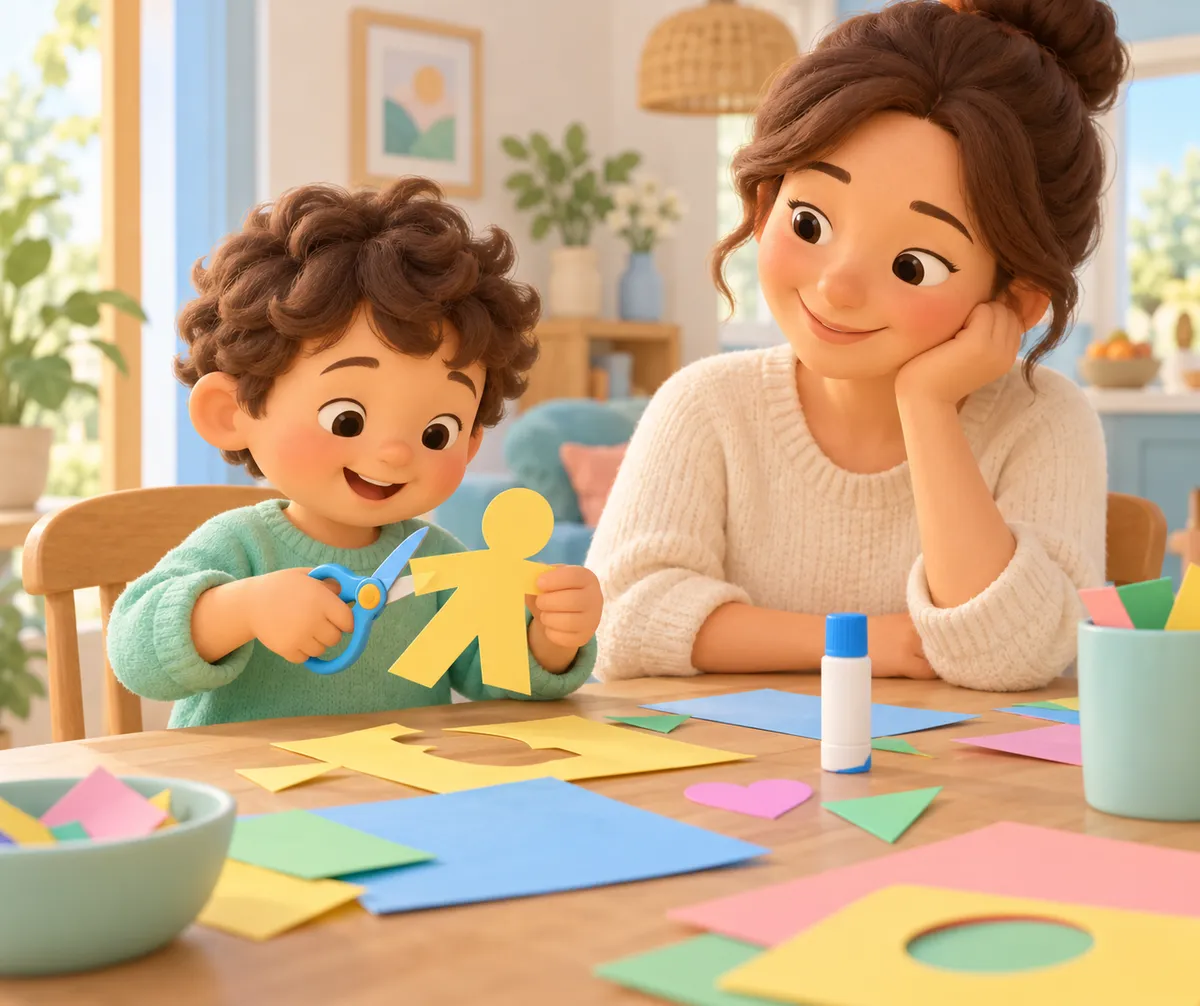 Un enfant découpe un bonhomme en papier sous le regard d’une femme, parmi des feuilles colorées et de la colle