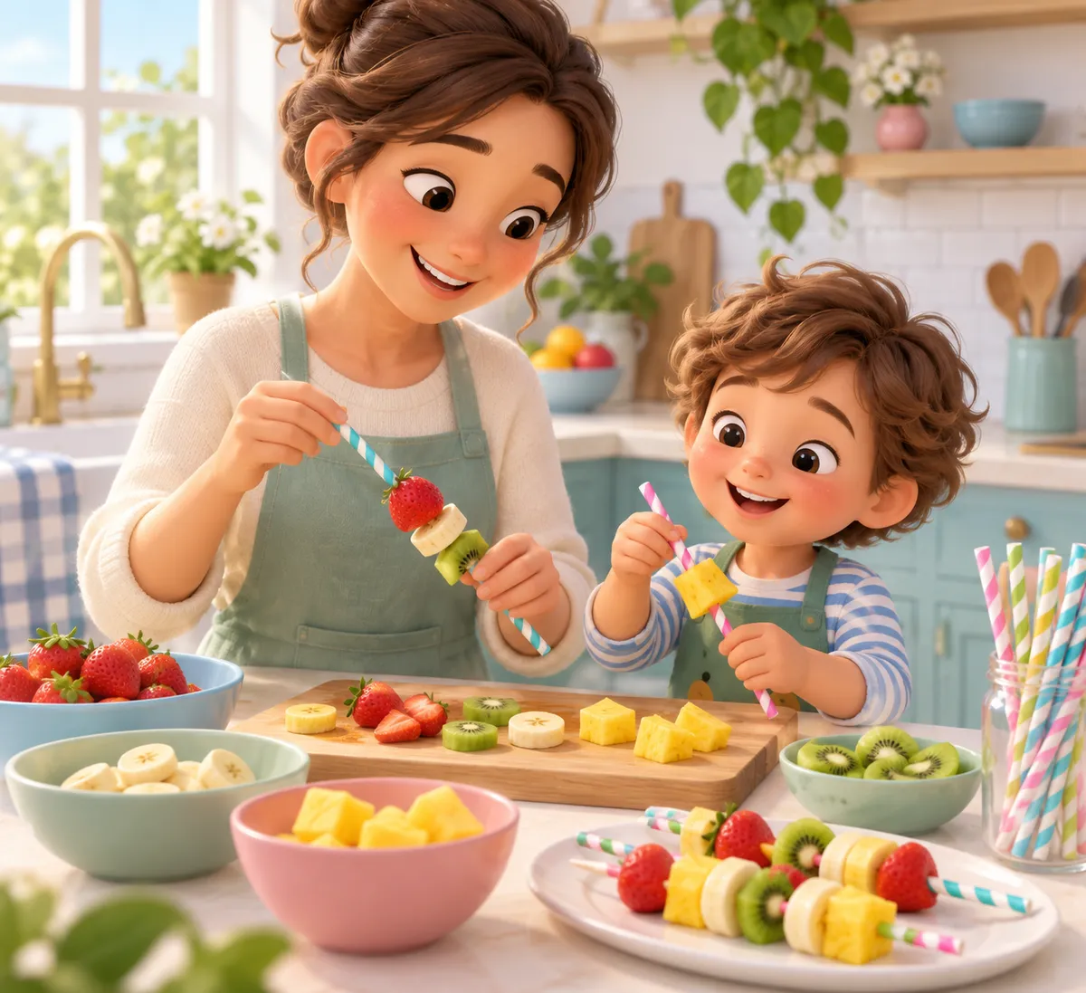 Une mère et son enfant préparent des brochettes de fruits avec de grosses pailles en carton dans la cuisine