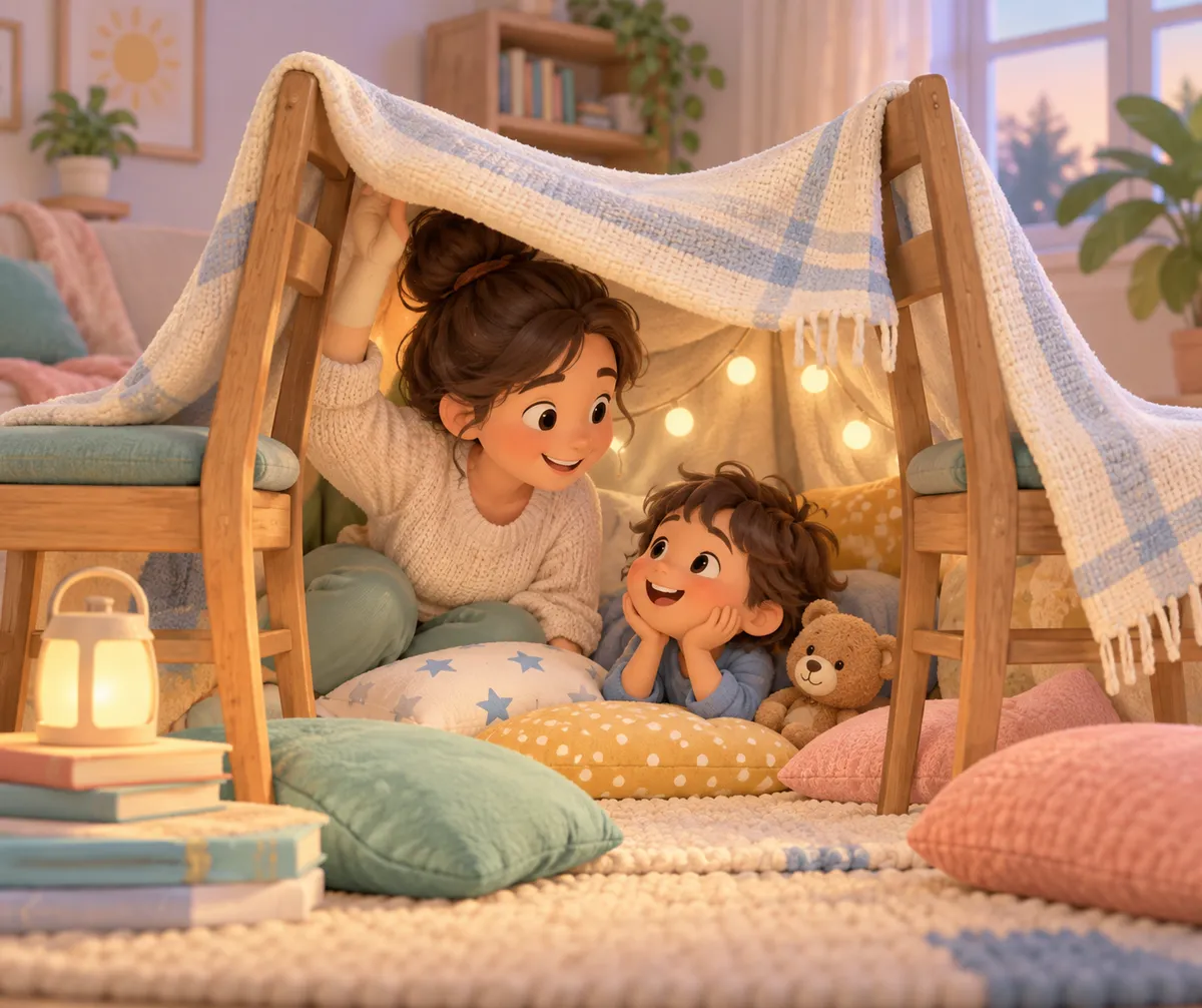 Une mère et son enfant jouent sous une cabane en draps entourée de coussins, de livres et d’une peluche