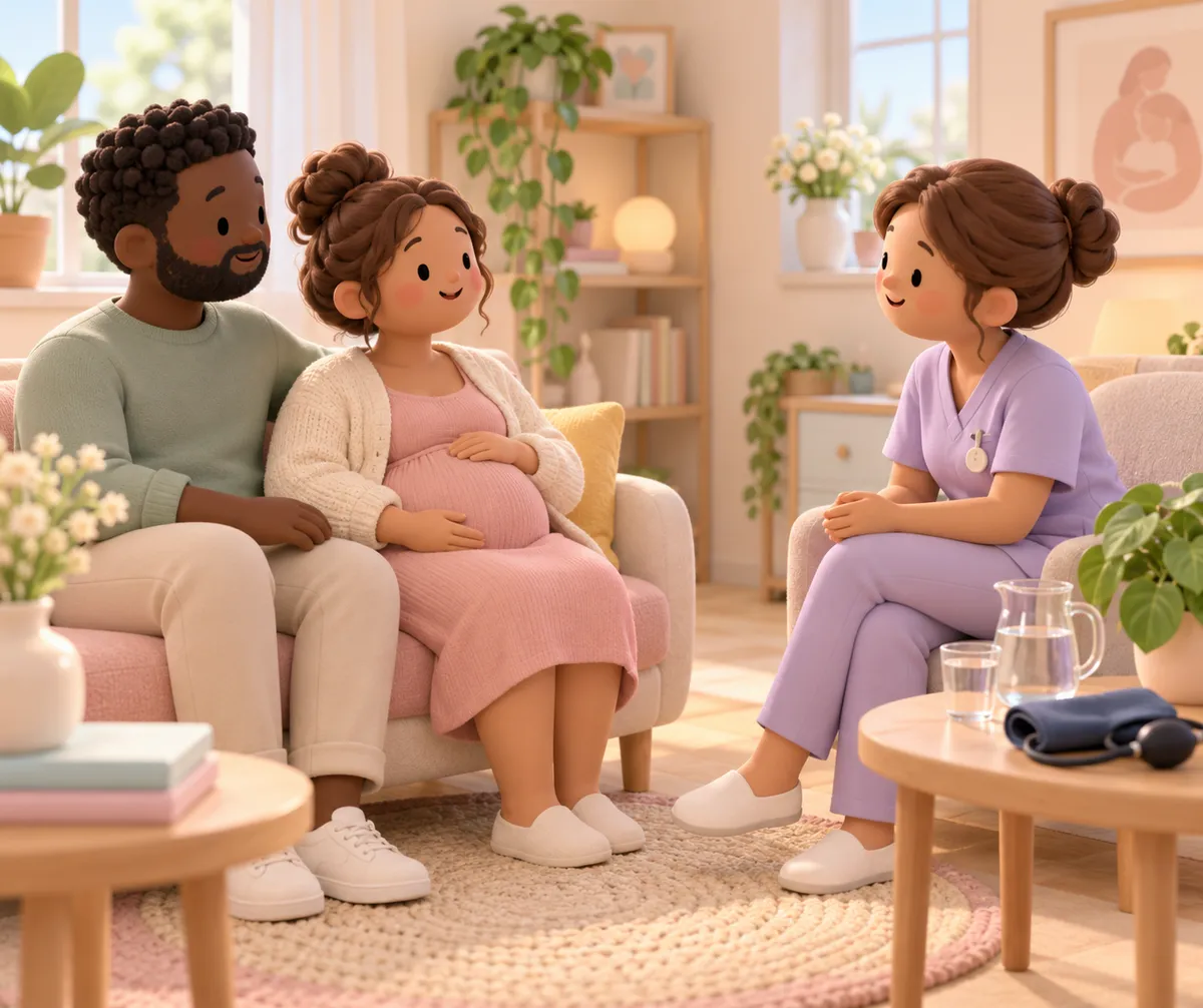 Une femme enceinte et son partenaire discutent avec une soignante dans un salon