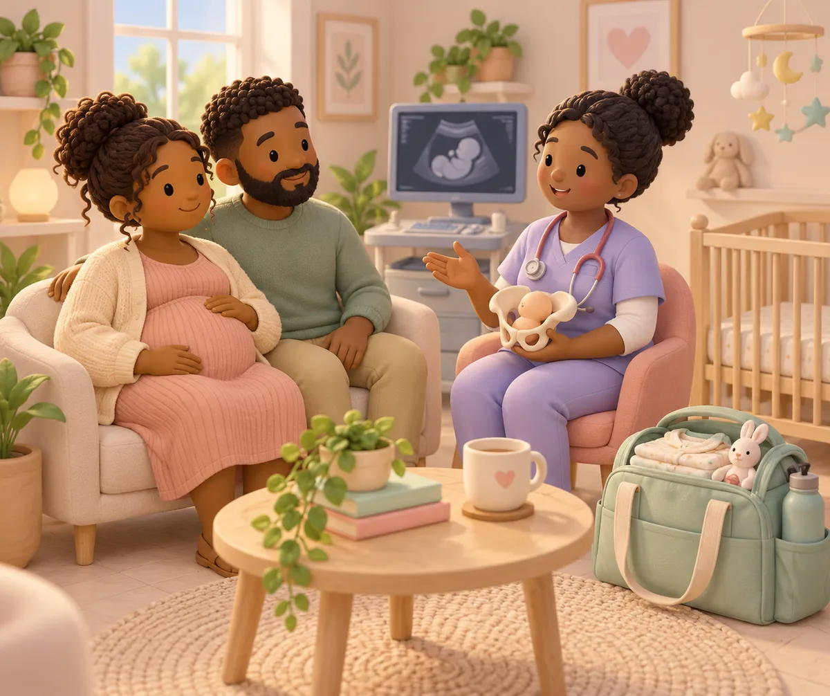 Un couple attend un bébé avec une professionnelle devant une échographie, près d’un berceau et d’un sac de naissance