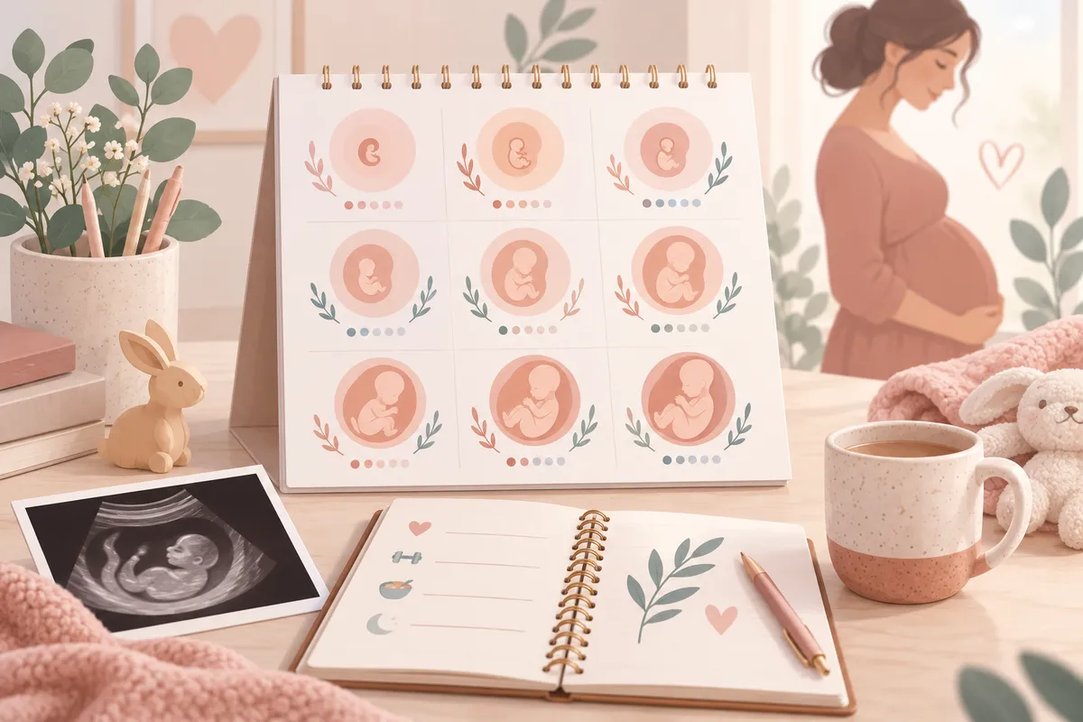 Un calendrier avec neuf dessins de fœtus, une échographie et un carnet devant un portrait de femme enceinte