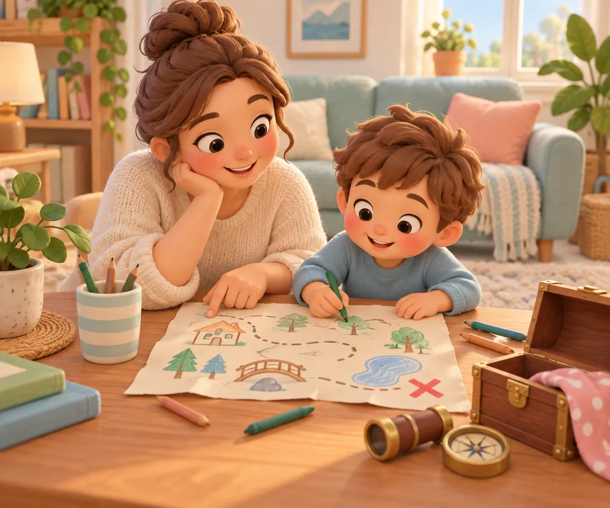 Une femme et un garçon dessinent une carte au trésor sur une table avec crayons, boussole et longue-vue
