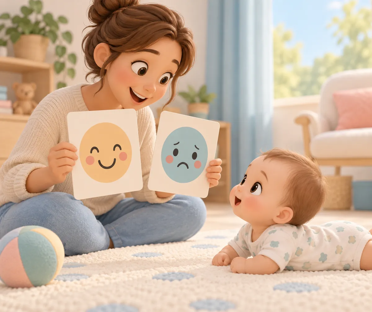 Une mère montre à son bébé deux cartes représentant des visages joyeux et tristes dans un salon