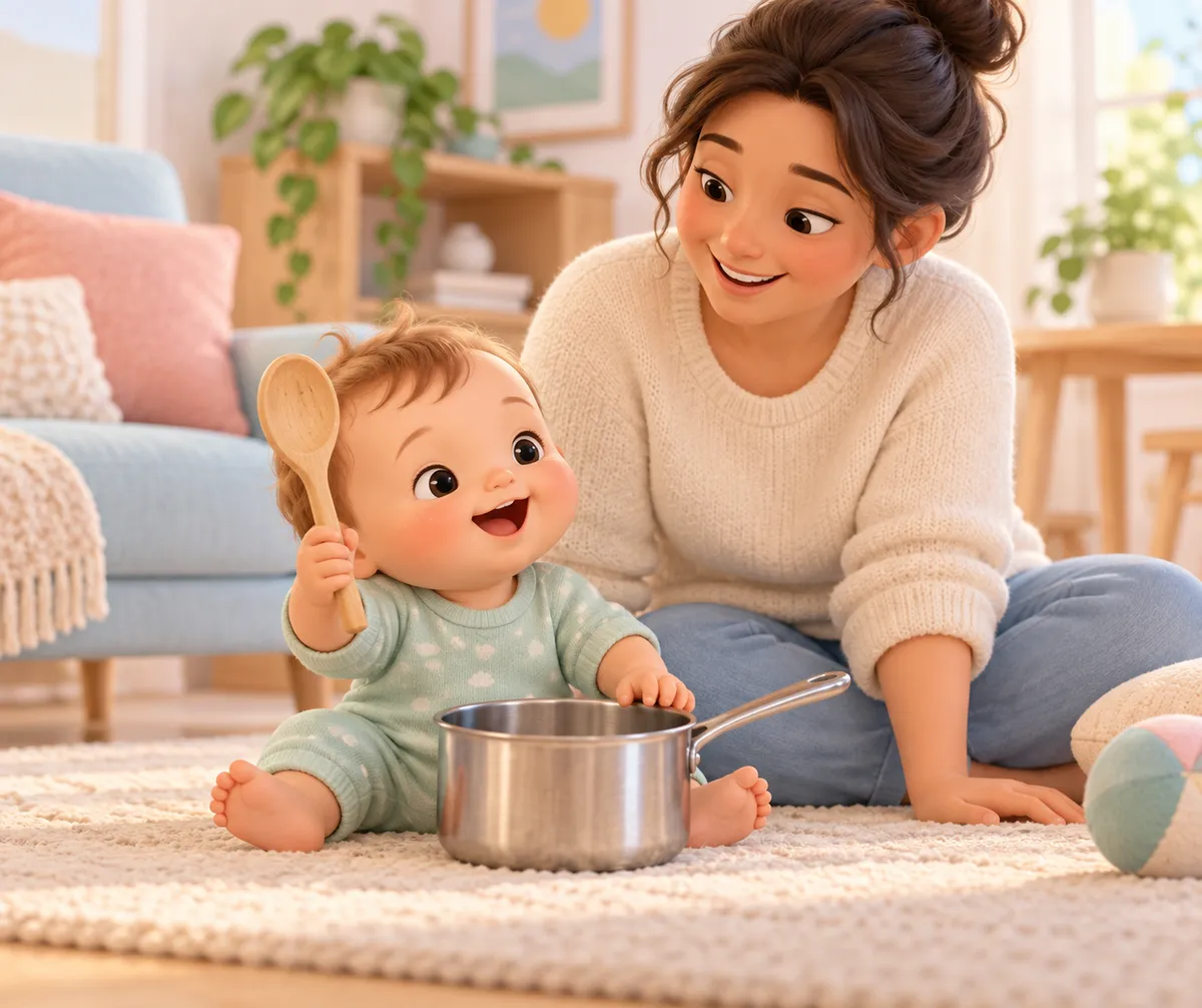 Un bébé assis tient une cuillère en bois près d’une casserole, sous le regard d’une femme dans un salon
