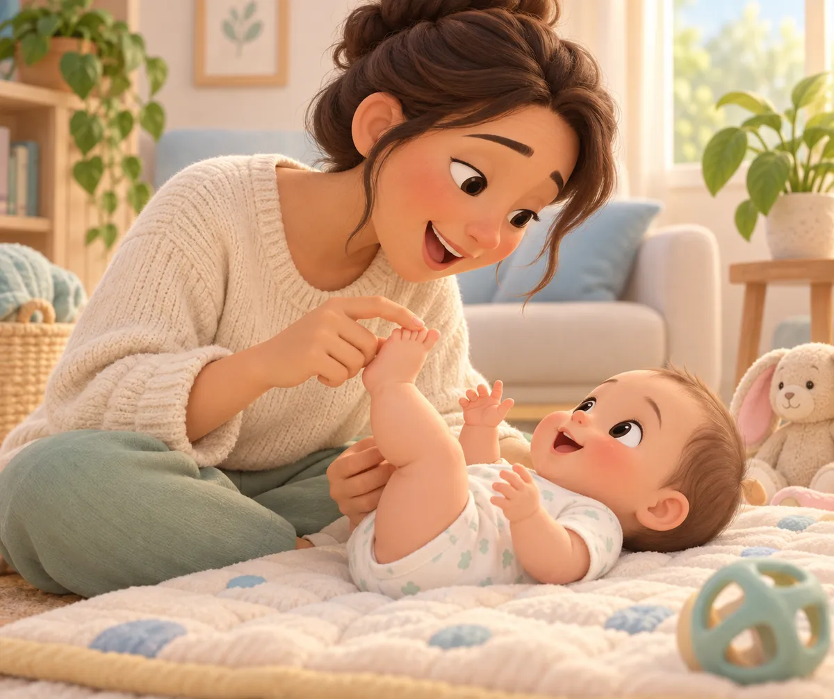 Une mère touche les orteils de son bébé allongé sur un tapis, entouré de jouets dans une chambre