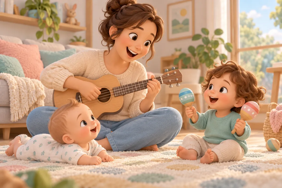 Une mère joue de la guitare avec un bébé et un jeune enfant qui agitent des maracas dans le salon