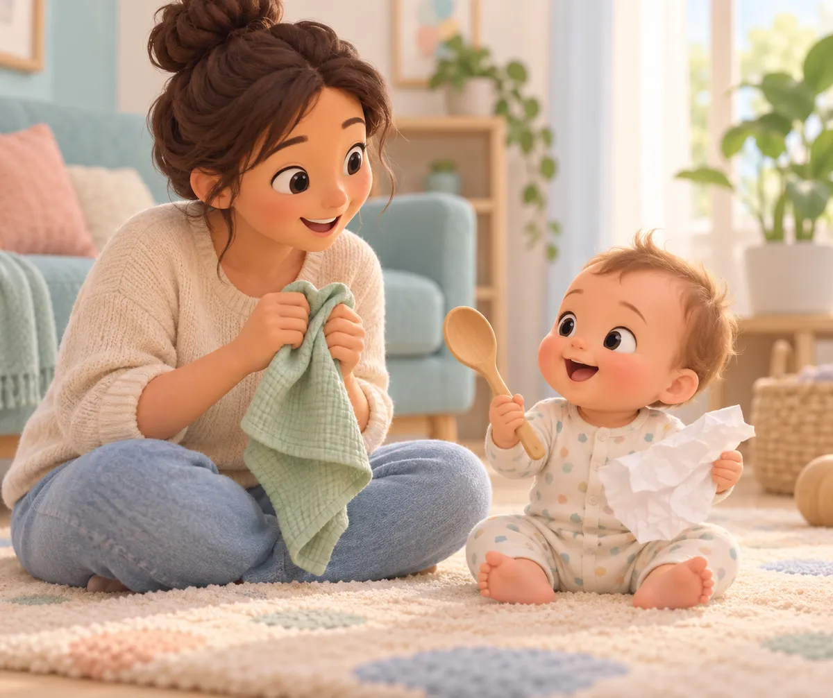 Une femme et un bébé assis sur un tapis tiennent un linge, une cuillère en bois et du papier froissé