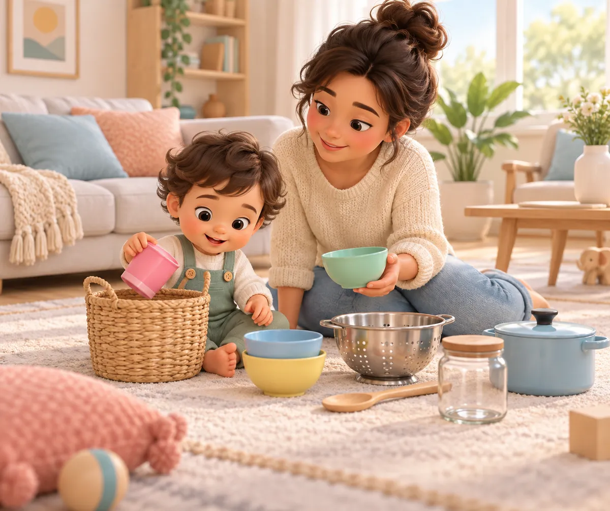 Une mère et son enfant manipulent des objets colorés près d’un panier dans le salon