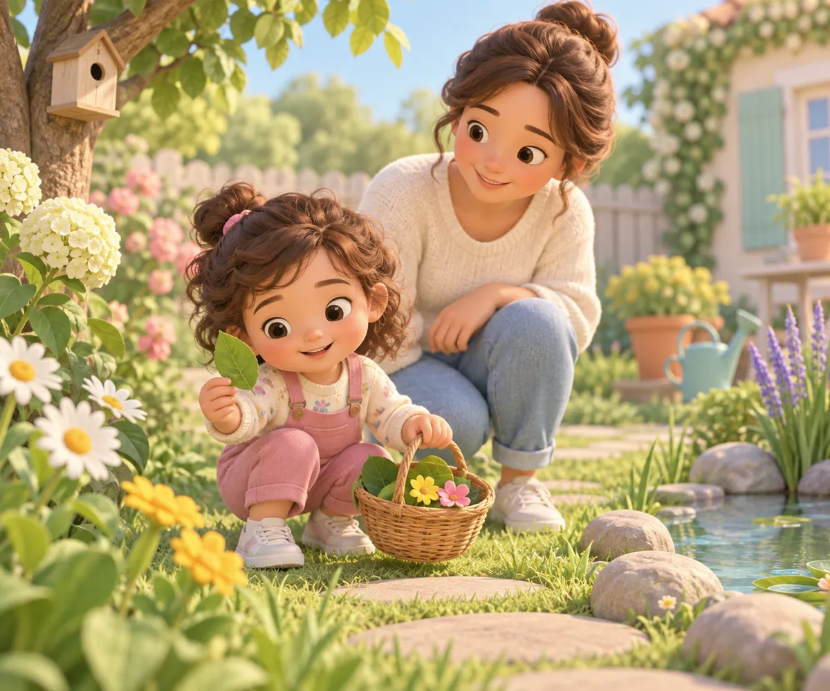 Une enfant tient une feuille près d’un panier fleuri, accompagnée d’une adulte dans un jardin
