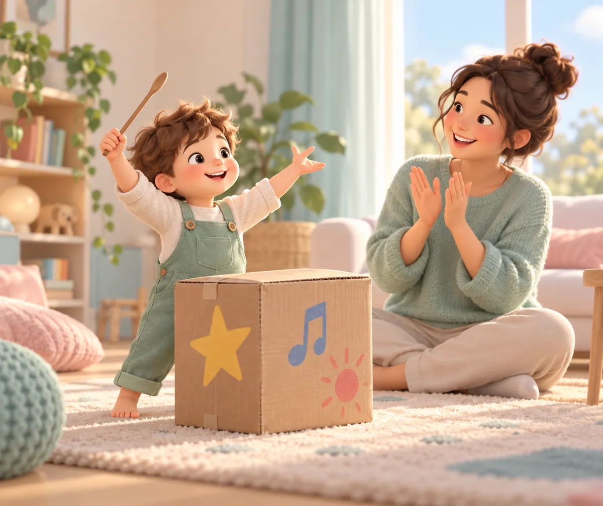 Un enfant agite une cuillère devant une boîte décorée tandis qu’une femme assise applaudit