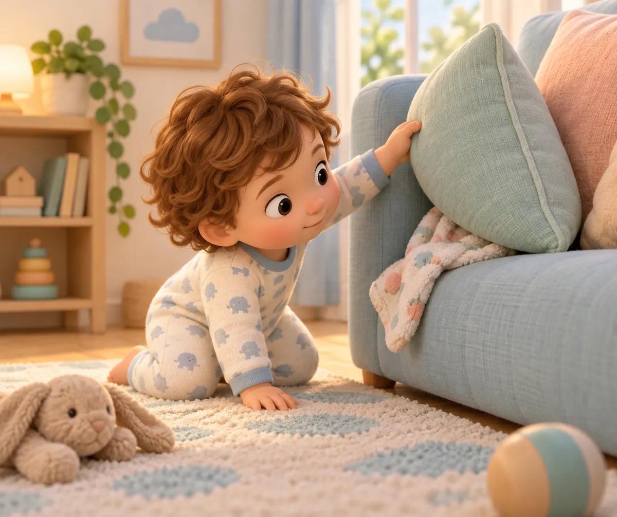 Un jeune enfant cherche un doudou derrière un coussin, près d’un canapé, avec un lapin en peluche au sol