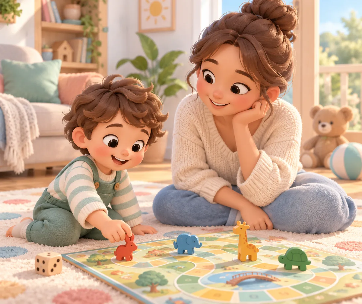Une mère et son jeune enfant jouent à un jeu de société avec des pions d’animaux et un dé