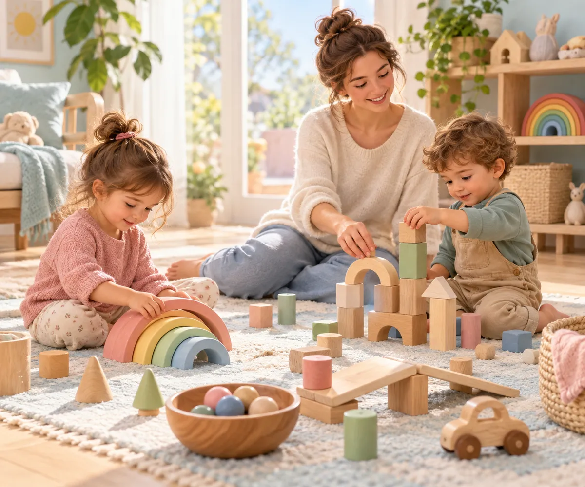 Une mère et deux enfants jouent au sol avec un arc-en-ciel, des cubes, des arches et des véhicules en bois