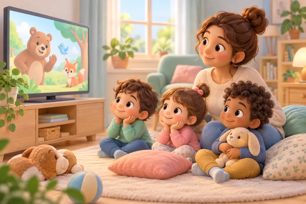 Une mère regarde la télévision avec trois enfants assis sur un tapis, entourés de jouets dans le salon