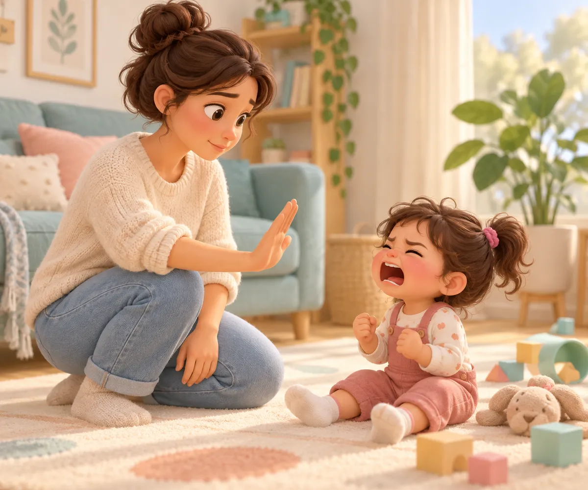 Une adulte tend la main vers un enfant en pleurs, assis parmi des jouets dans le salon