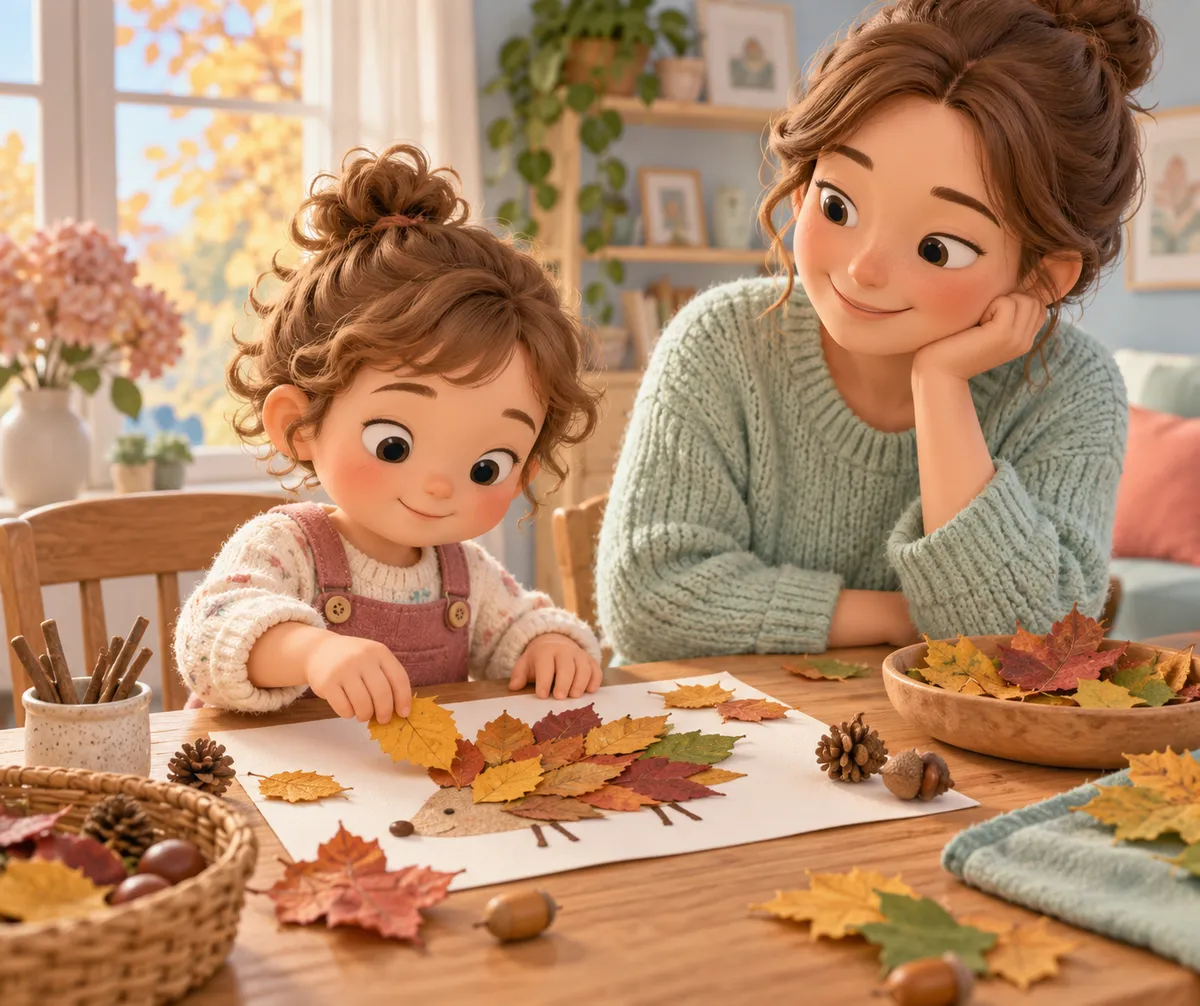 Une femme et une fillette composent un tableau avec des feuilles, des glands et des pommes de pin