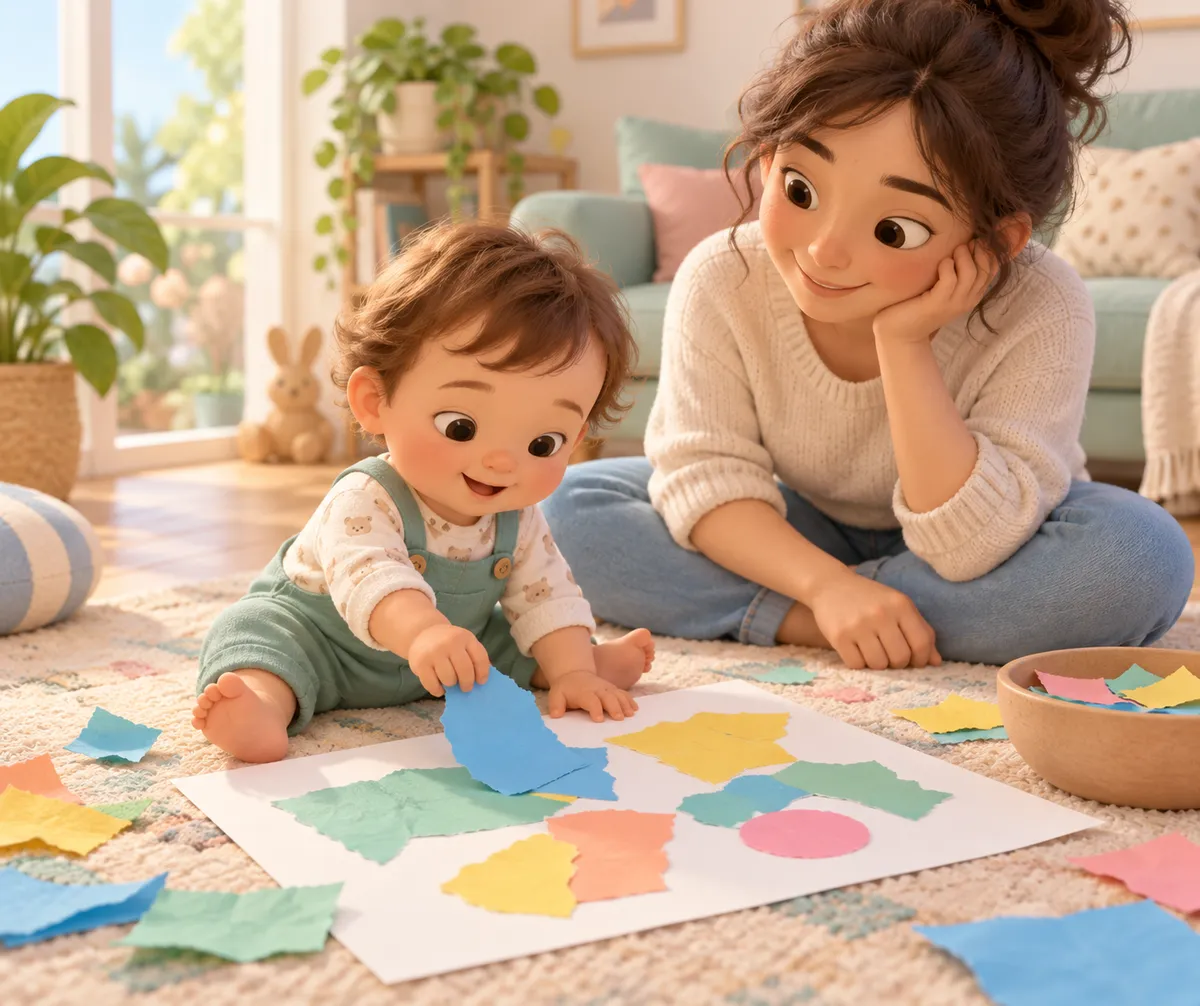 Un bébé colle de gros morceaux de papier coloré sur une feuille, sous le regard d’une adulte au salon