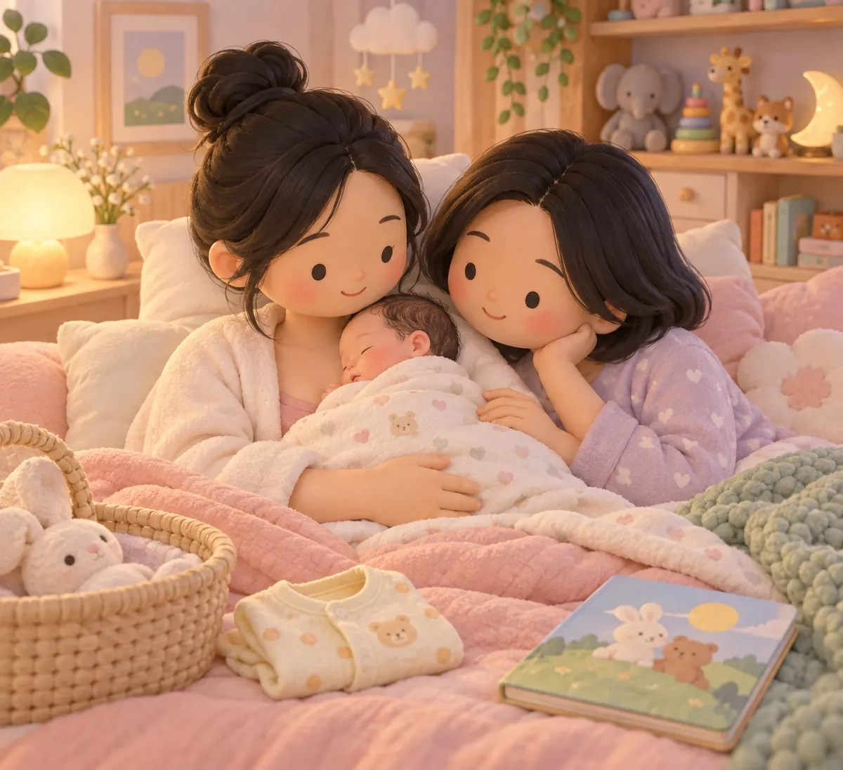 Deux adultes assis sur un lit entourent un bébé endormi dans une couverture, près de peluches et d’un livre