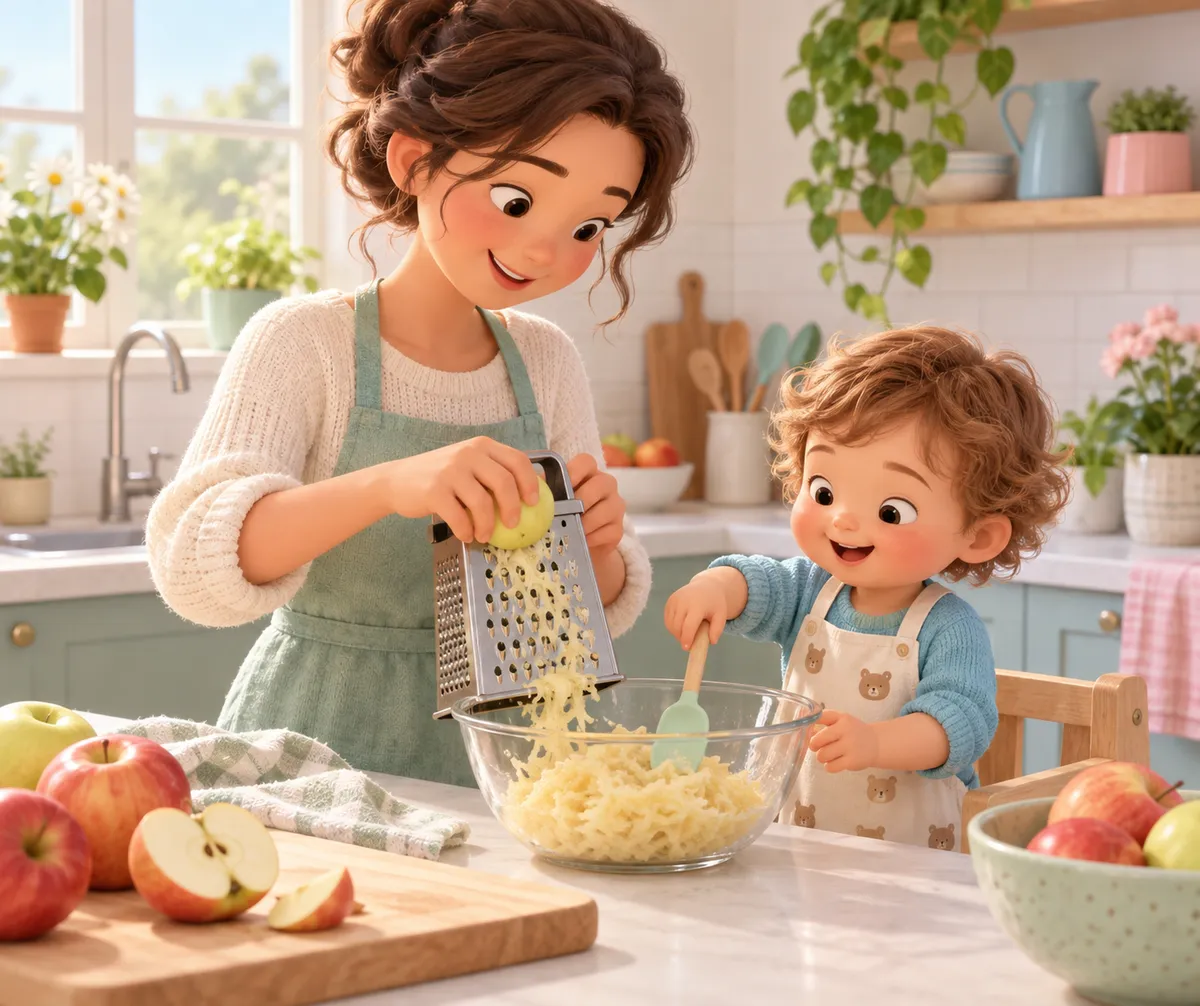 Une femme râpe une pomme tandis qu’un jeune enfant remue un saladier dans la cuisine