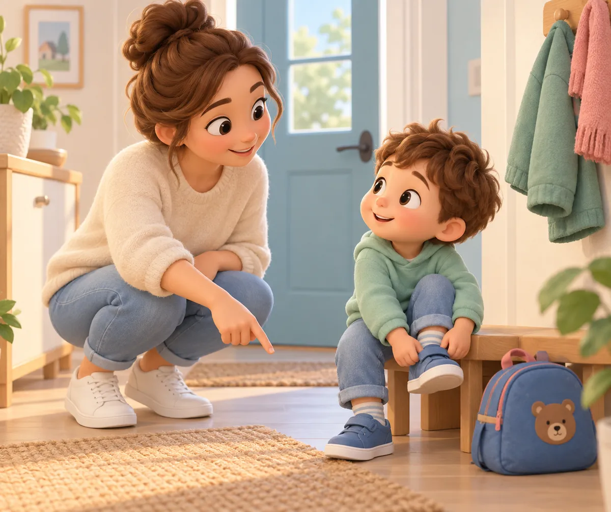 Une mère accroupie pointe le sol devant un jeune enfant assis près d’un sac à dos