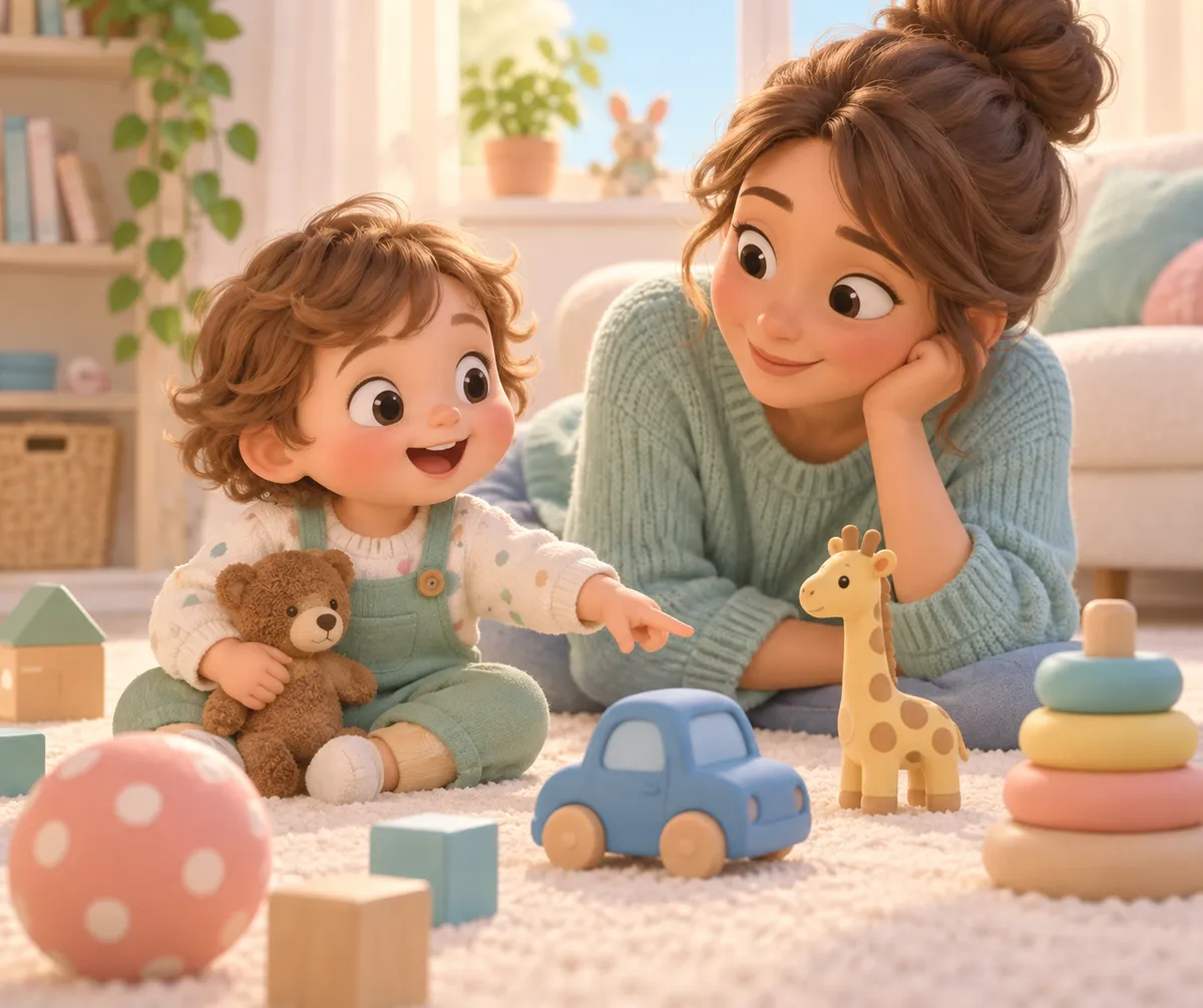 Un tout-petit montre un jouet à sa mère dans une chambre, entouré d’un ours en peluche et de cubes
