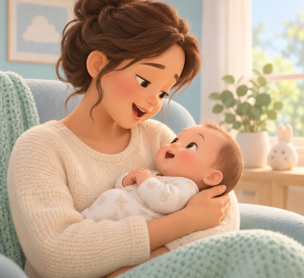 Mère souriante tenant son bébé dans les bras et lui parlant dans un fauteuil à la maison