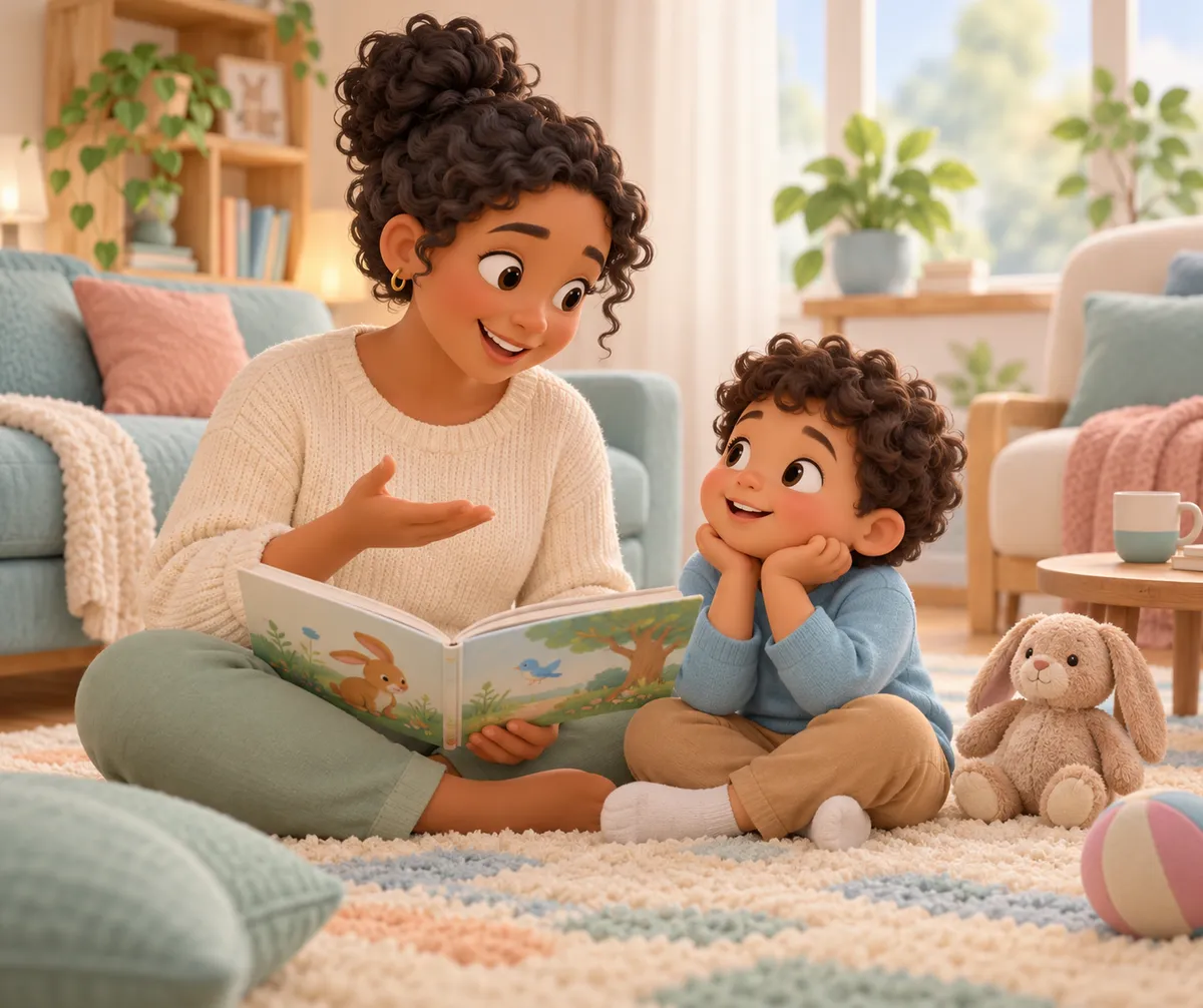 Une mère lit un livre illustré avec son jeune enfant assis sur un tapis, près d’un lapin en peluche