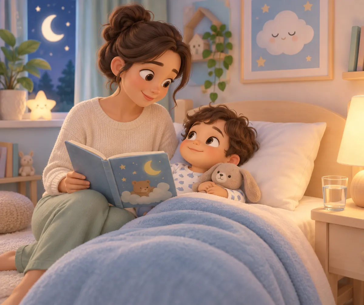Une femme lit une histoire à un enfant couché dans son lit, avec un doudou, dans une chambre éclairée le soir