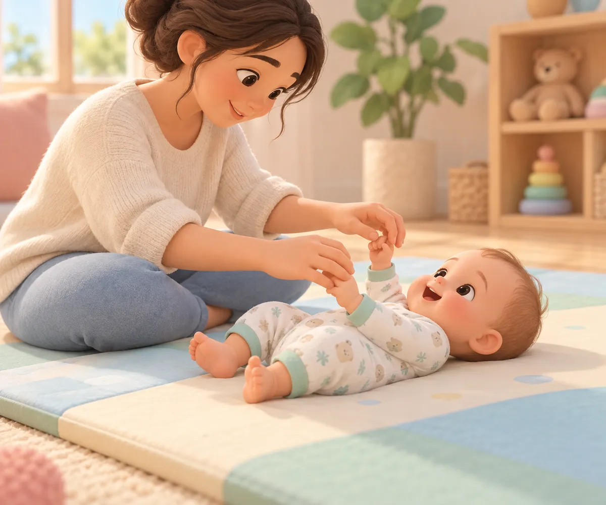 Une femme assise sur un tapis guide doucement les mains d’un bébé allongé dans une chambre