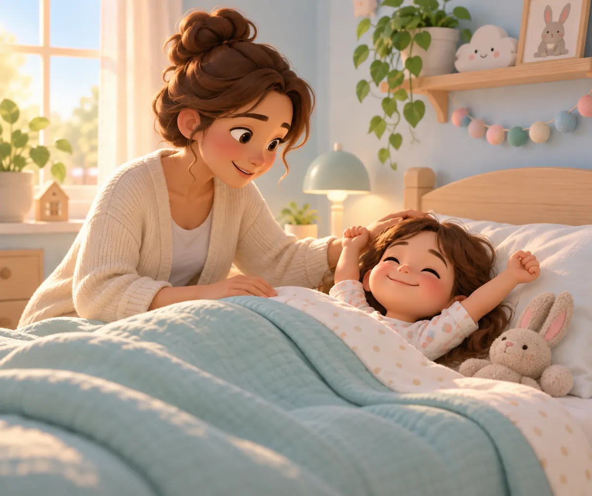 Une mère borde une enfant souriante dans son lit, avec un lapin en peluche dans une chambre