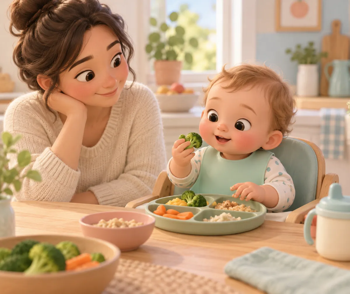 Une femme observe un bébé en chaise haute qui tient du brocoli devant son repas varié à table